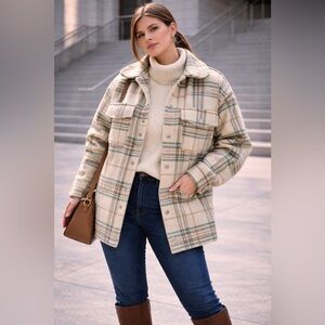 Forever 21 Plaid Utility Jacket - Cream and Tan